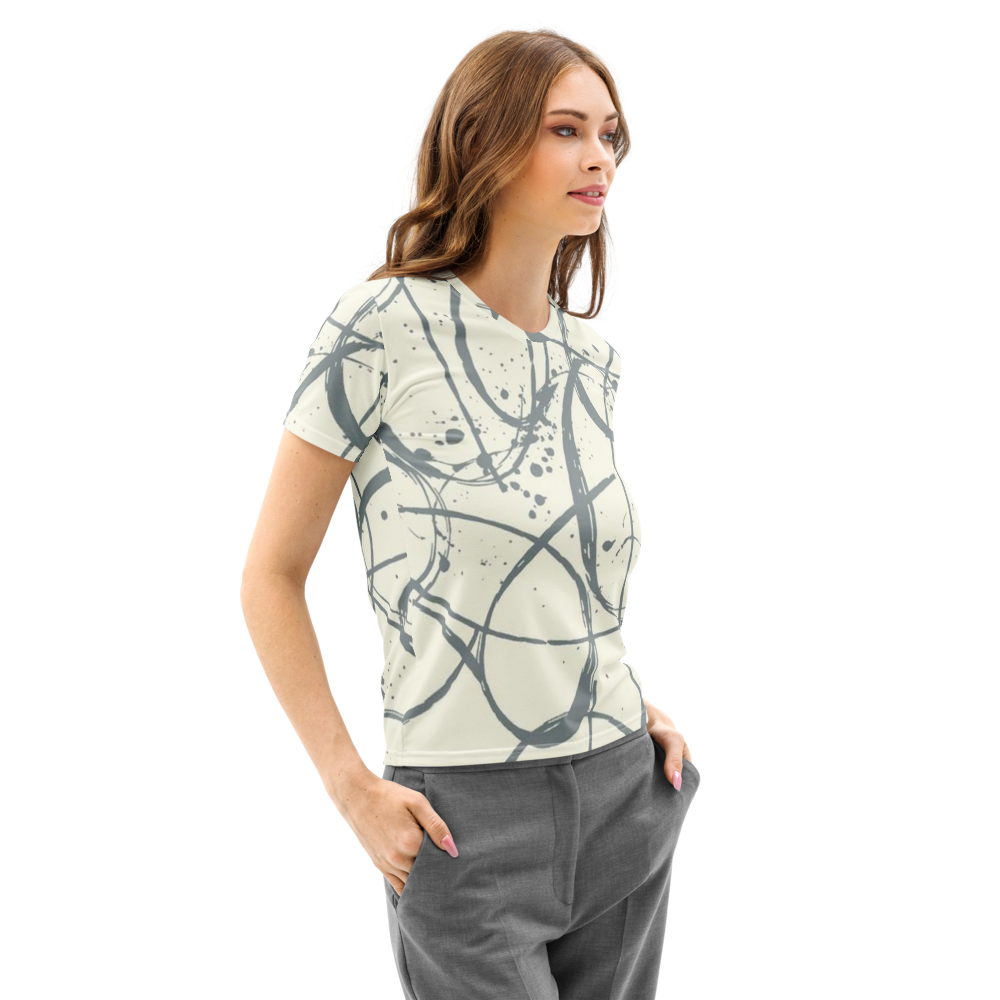 Charcoal Abstract Line Art Crew Neck Tee - Cream & Grey Graphic Shirt
