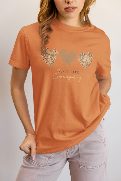 Leopard Heart Graphic Tee - Enjoy Life Everyday Aesthetic Boho T-Shirt - Cozy  Top