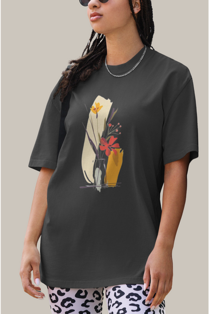Oversized Faded Cotton T-Shirt with Abstract Botanical Print – Vintage Woman Vintage Tee