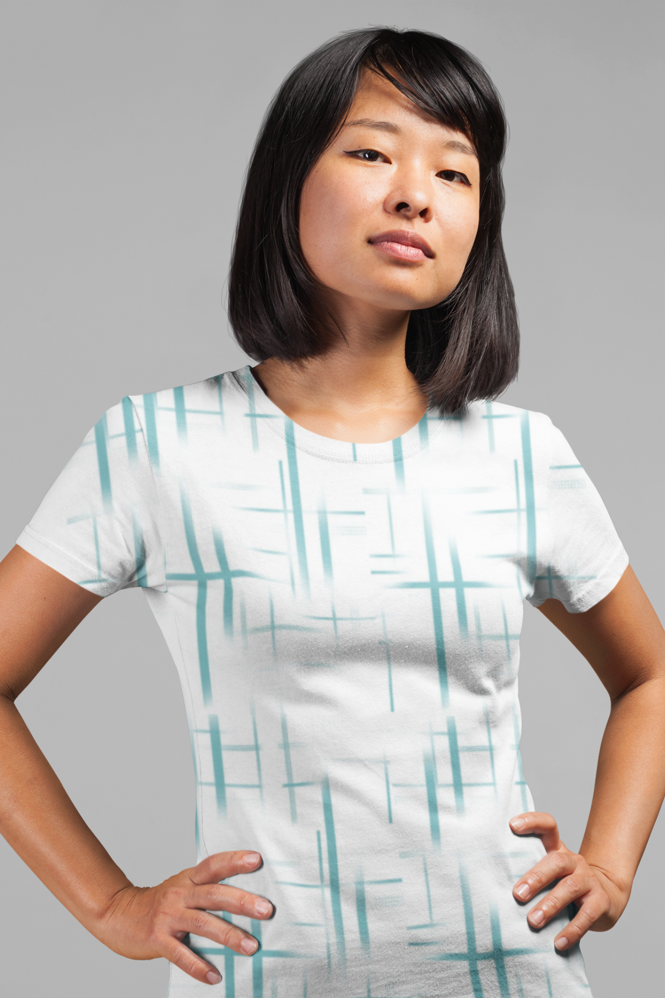 Abstract Grid All Over Print Women T-Shirt, 100% Cotton Minimalist Tee, Soft Blue Aesthetic Graphic Shirt, Breathable Cotton Summer Top