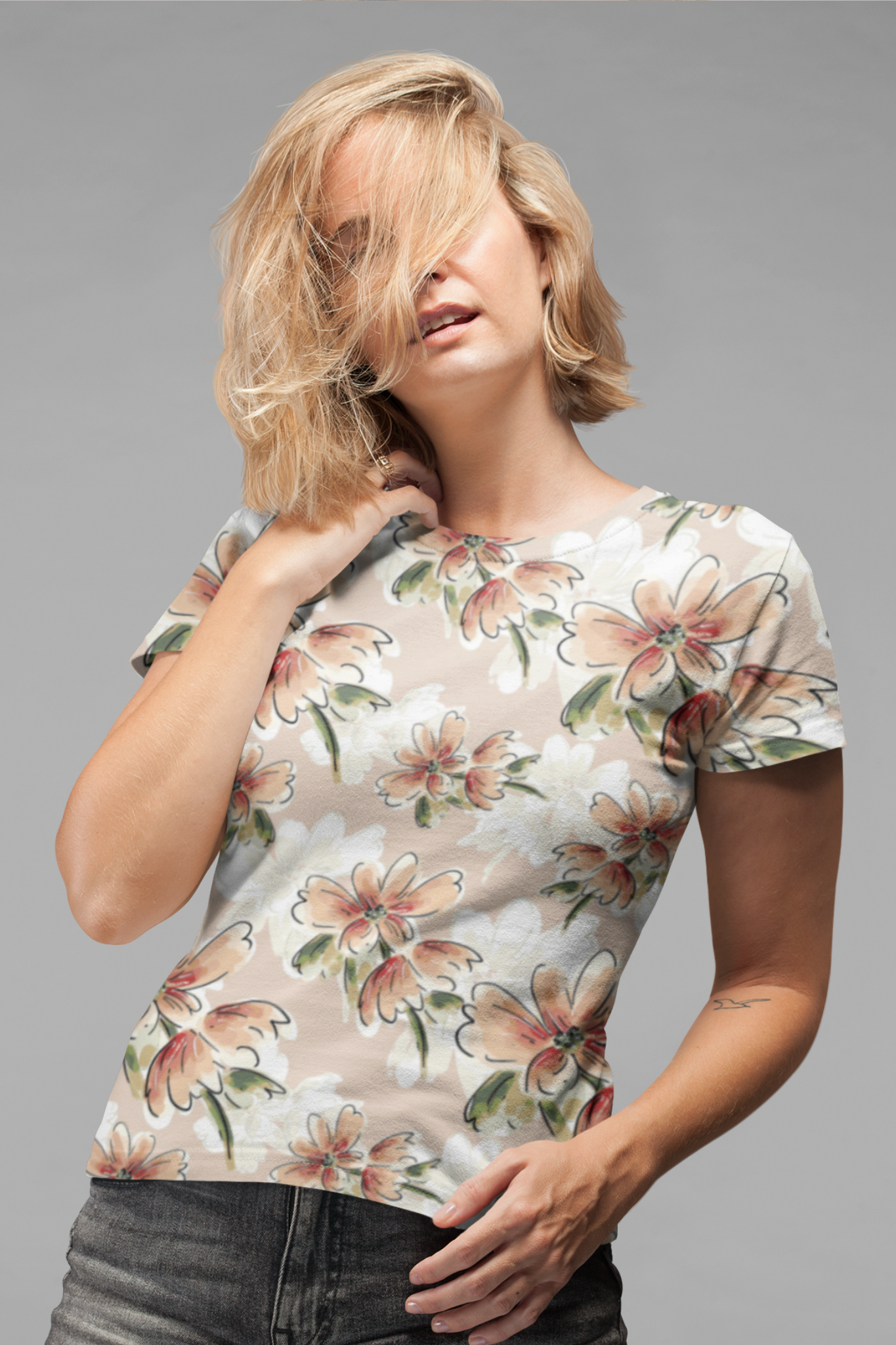 Abstract Floral Sublimated Tee - Soft Cream Botanical T-Shirt