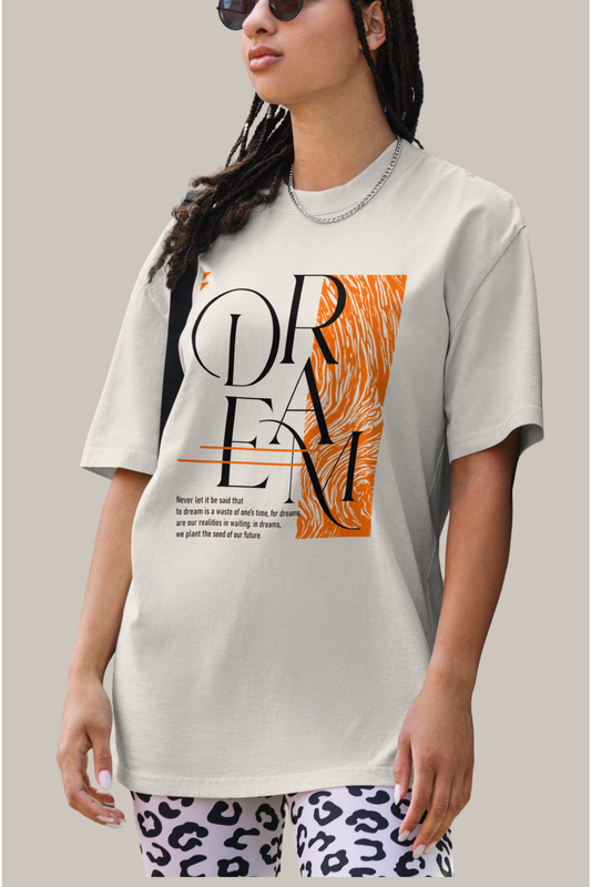 "DREAM" Oversized Faded Graphic T-Shirt – Heavyweight Vintage Wash Tee in Sand