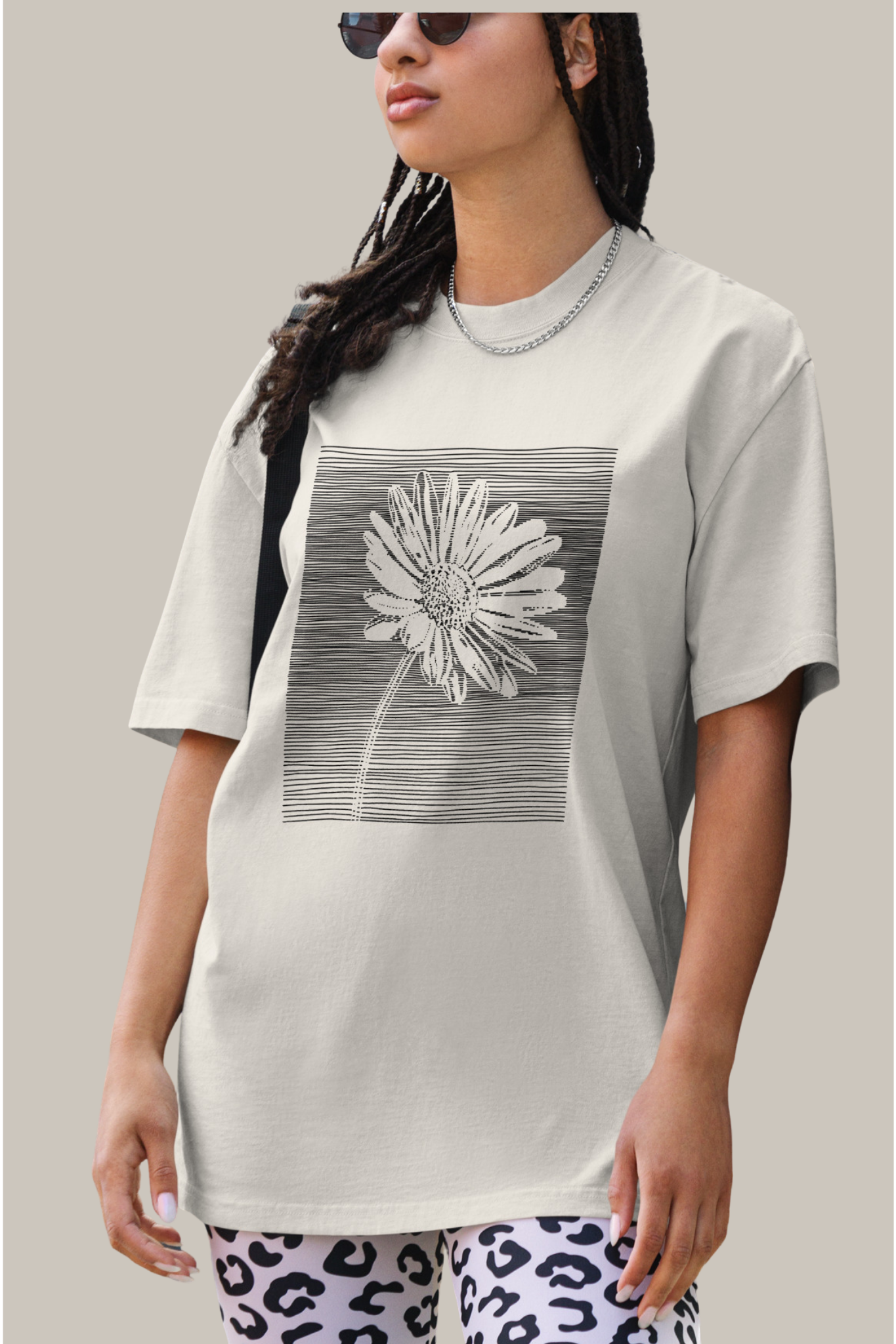 The Botanical Daisy Oversized Faded T-Shirt – Premium Linocut Style Graphic Tee