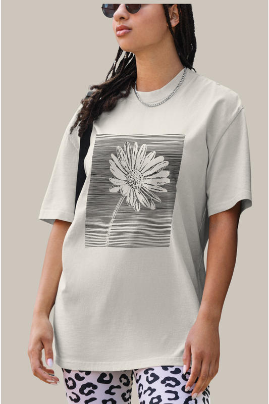 The Botanical Daisy Oversized Faded T-Shirt – Premium Linocut Style Graphic Tee