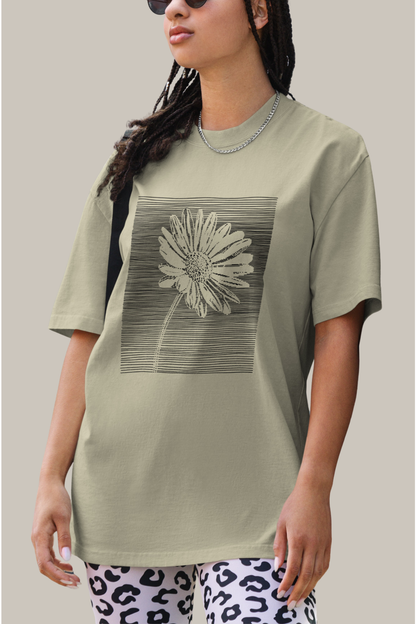 The Botanical Daisy Oversized Faded T-Shirt – Premium Linocut Style Graphic Tee