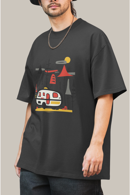 Retro Caravan Oversized Faded T-Shirt – Premium Heavyweight Outdoor Graphic Tee