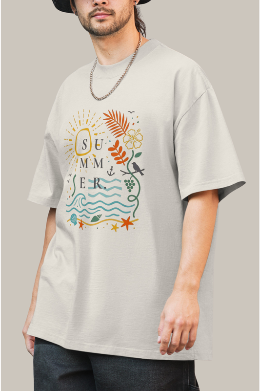 "SUMMER" Abstract Coastal Oversized Faded T-Shirt – Premium Heavyweight Beach Graphic Tee