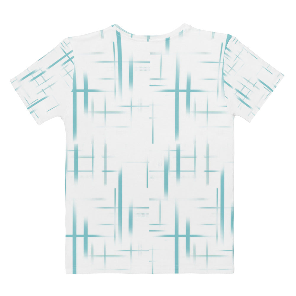 Abstract Grid All Over Print Women T-Shirt, 100% Cotton Minimalist Tee, Soft Blue Aesthetic Graphic Shirt, Breathable Cotton Summer Top