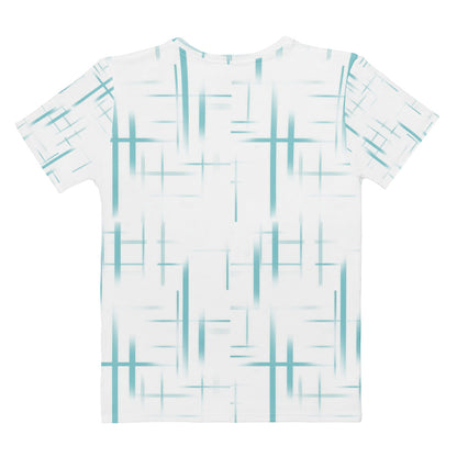 Abstract Grid All Over Print Women T-Shirt, 100% Cotton Minimalist Tee, Soft Blue Aesthetic Graphic Shirt, Breathable Cotton Summer Top