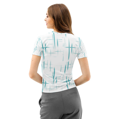 Abstract Grid All Over Print Women T-Shirt, 100% Cotton Minimalist Tee, Soft Blue Aesthetic Graphic Shirt, Breathable Cotton Summer Top