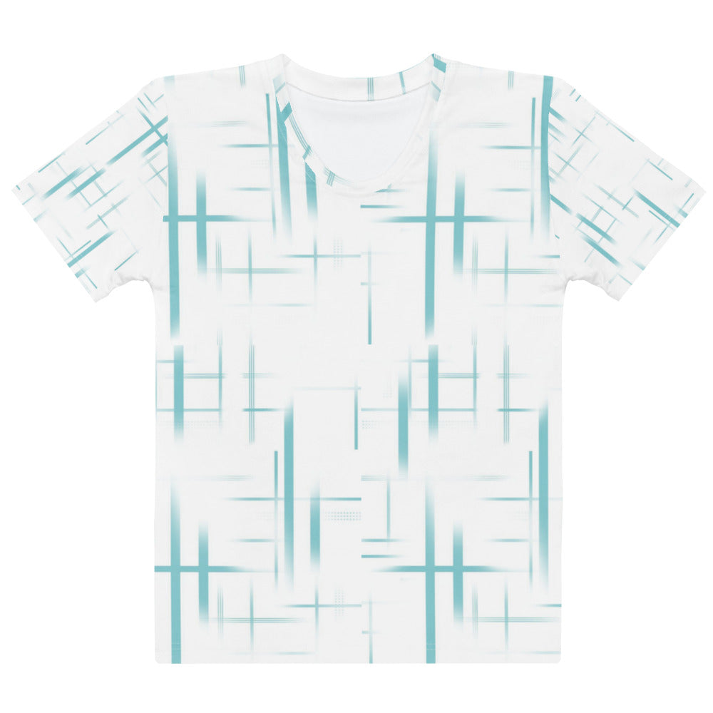 Abstract Grid All Over Print Women T-Shirt, 100% Cotton Minimalist Tee, Soft Blue Aesthetic Graphic Shirt, Breathable Cotton Summer Top