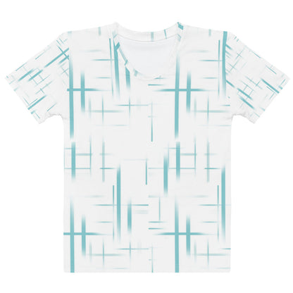 Abstract Grid All Over Print Women T-Shirt, 100% Cotton Minimalist Tee, Soft Blue Aesthetic Graphic Shirt, Breathable Cotton Summer Top