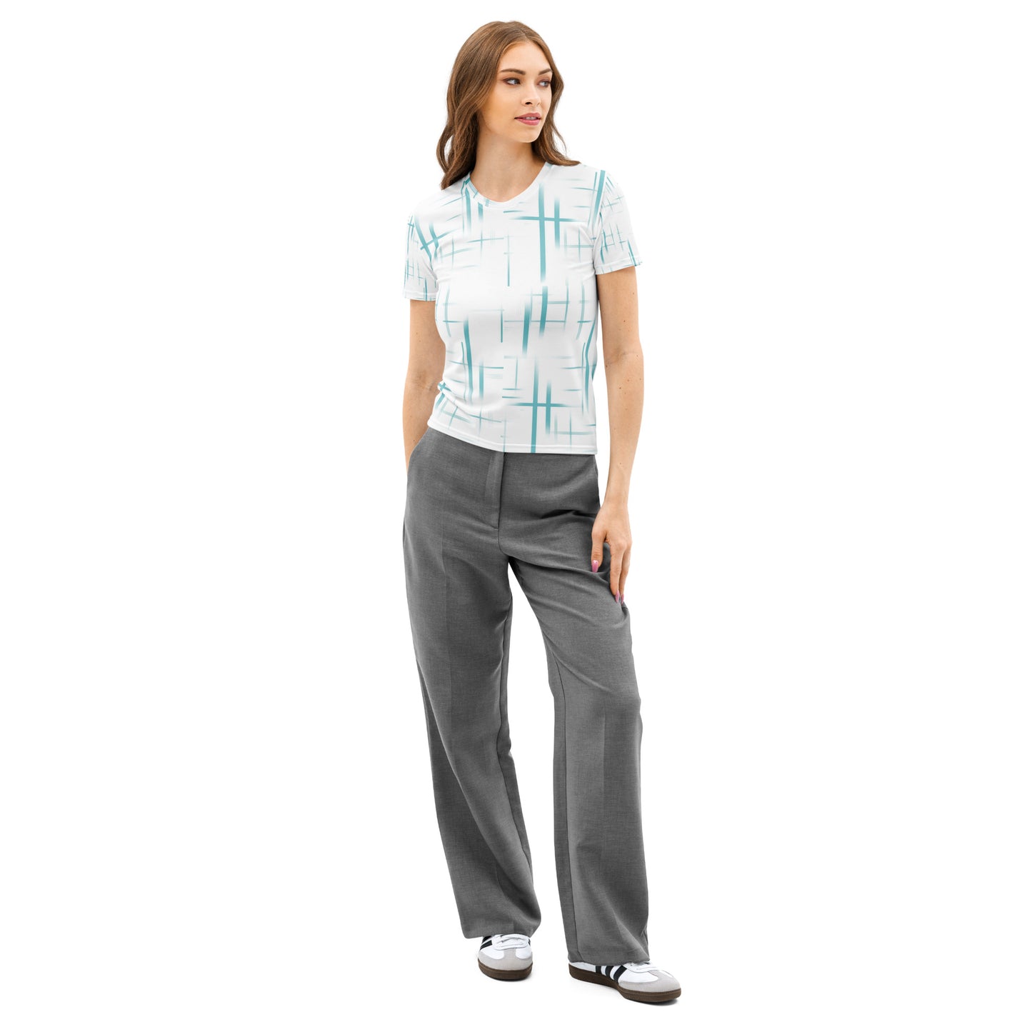 Abstract Grid All Over Print Women T-Shirt, 100% Cotton Minimalist Tee, Soft Blue Aesthetic Graphic Shirt, Breathable Cotton Summer Top