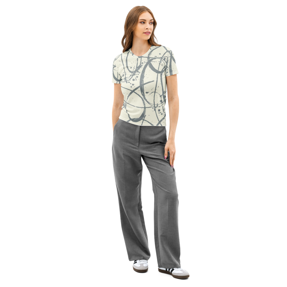Charcoal Abstract Line Art Crew Neck Tee - Cream & Grey Graphic Shirt