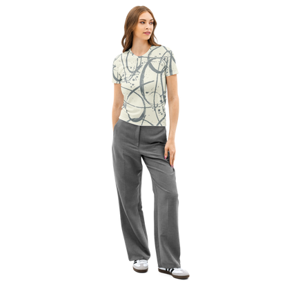 Charcoal Abstract Line Art Crew Neck Tee - Cream & Grey Graphic Shirt