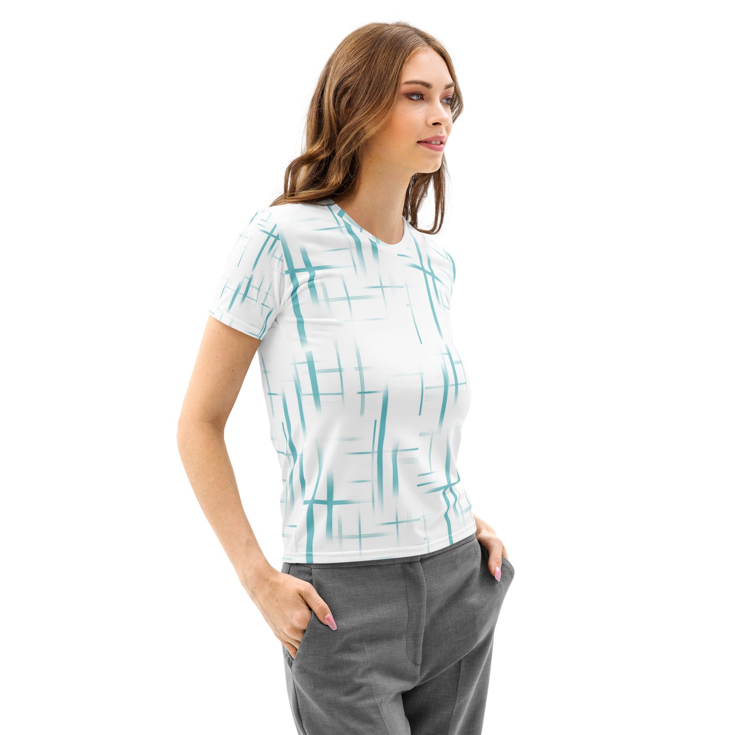 Abstract Grid All Over Print Women T-Shirt, 100% Cotton Minimalist Tee, Soft Blue Aesthetic Graphic Shirt, Breathable Cotton Summer Top