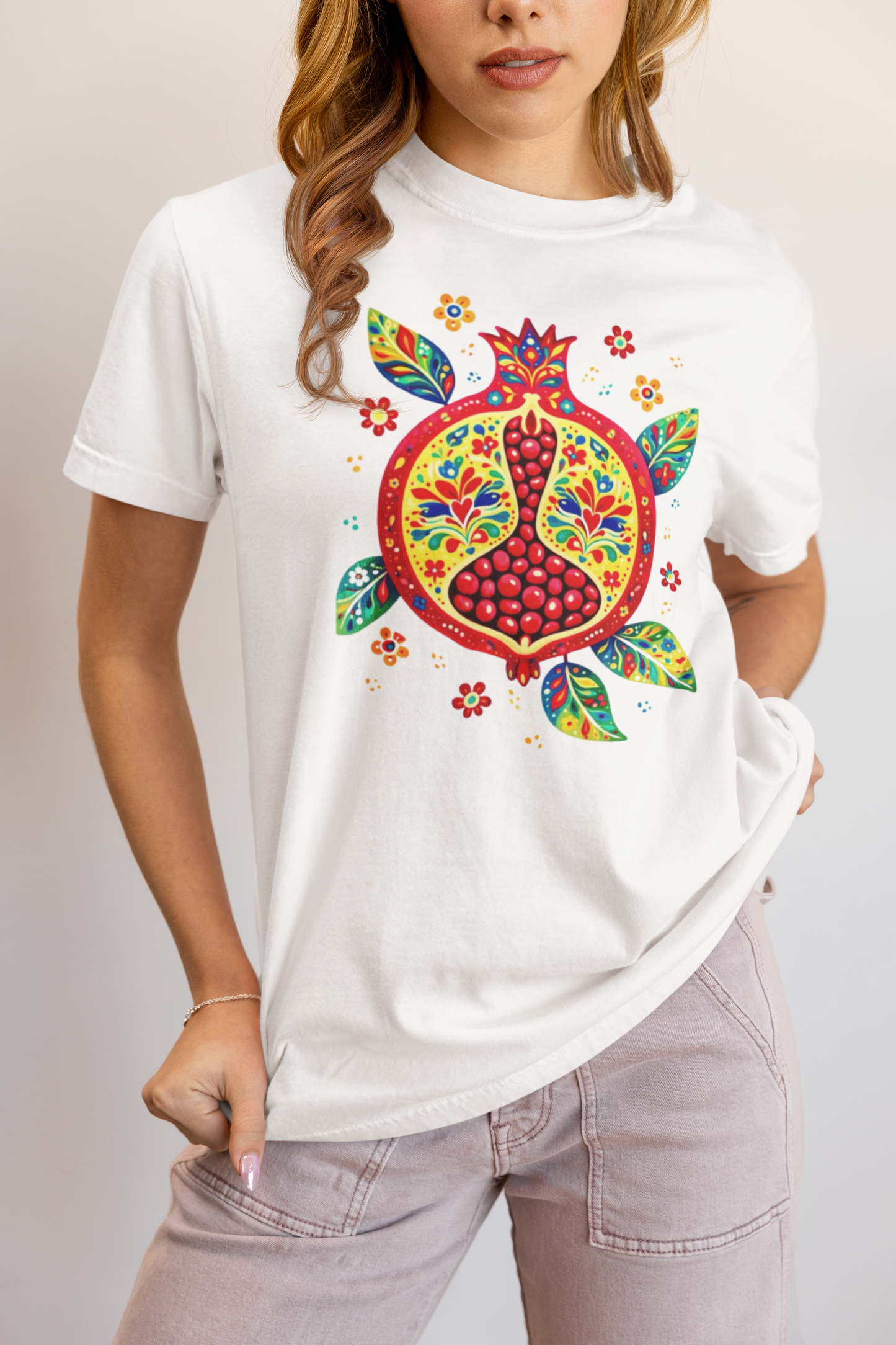 Elyx "Vibrant Pomegranate" Folk Art Graphic Tee - Premium Soft Cotton T-Shirt for Women