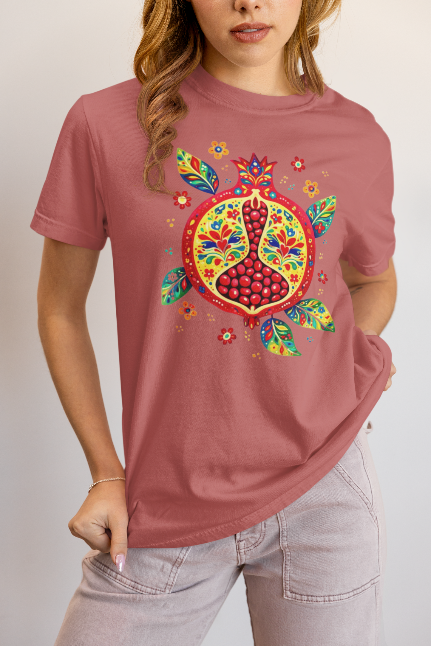 Elyx "Vibrant Pomegranate" Folk Art Graphic Tee - Premium Soft Cotton T-Shirt for Women