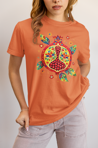 Elyx "Vibrant Pomegranate" Folk Art Graphic Tee - Premium Soft Cotton T-Shirt for Women