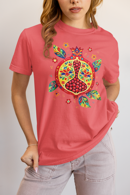 Elyx "Vibrant Pomegranate" Folk Art Graphic Tee - Premium Soft Cotton T-Shirt for Women