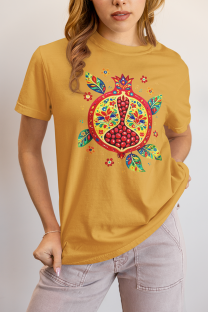 Elyx "Vibrant Pomegranate" Folk Art Graphic Tee - Premium Soft Cotton T-Shirt for Women