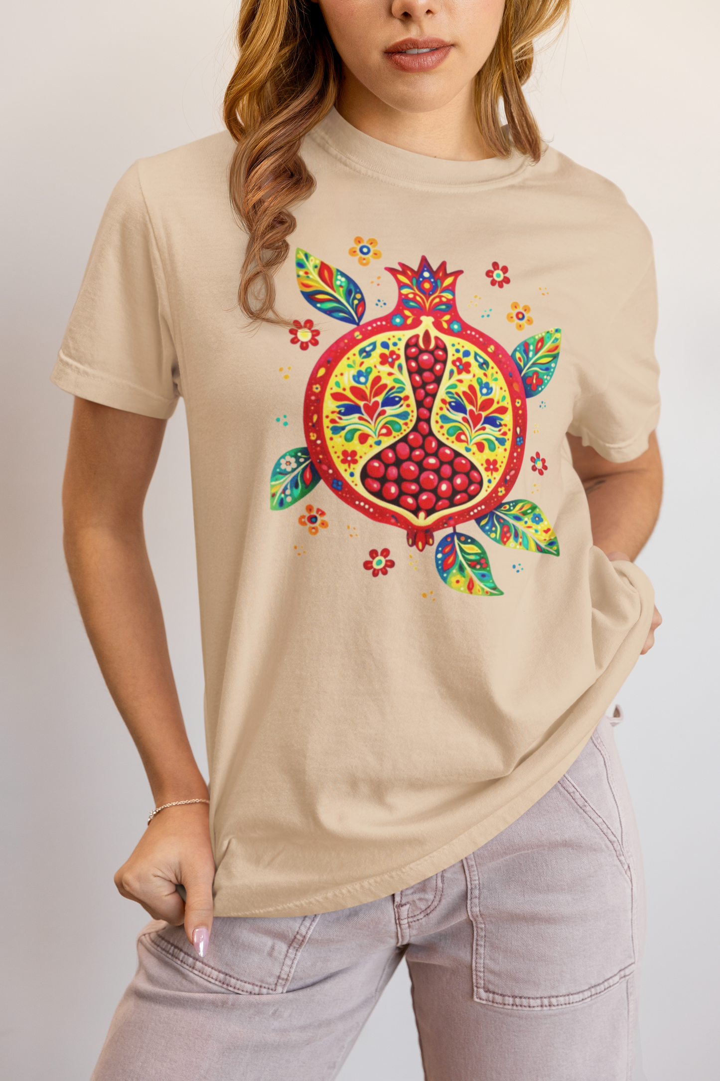 Elyx "Vibrant Pomegranate" Folk Art Graphic Tee - Premium Soft Cotton T-Shirt for Women