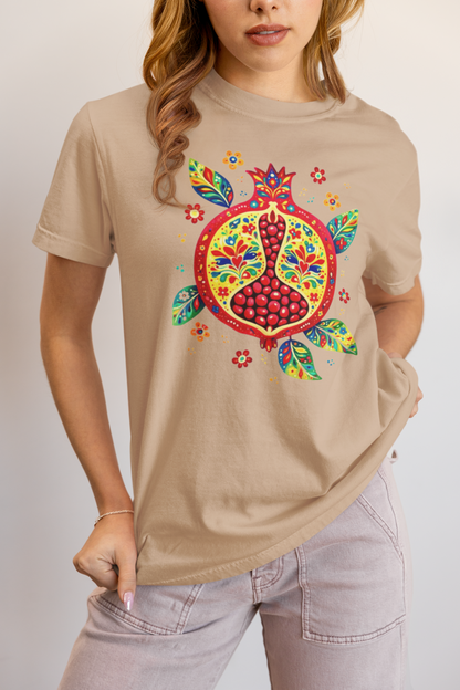 Elyx "Vibrant Pomegranate" Folk Art Graphic Tee - Premium Soft Cotton T-Shirt for Women