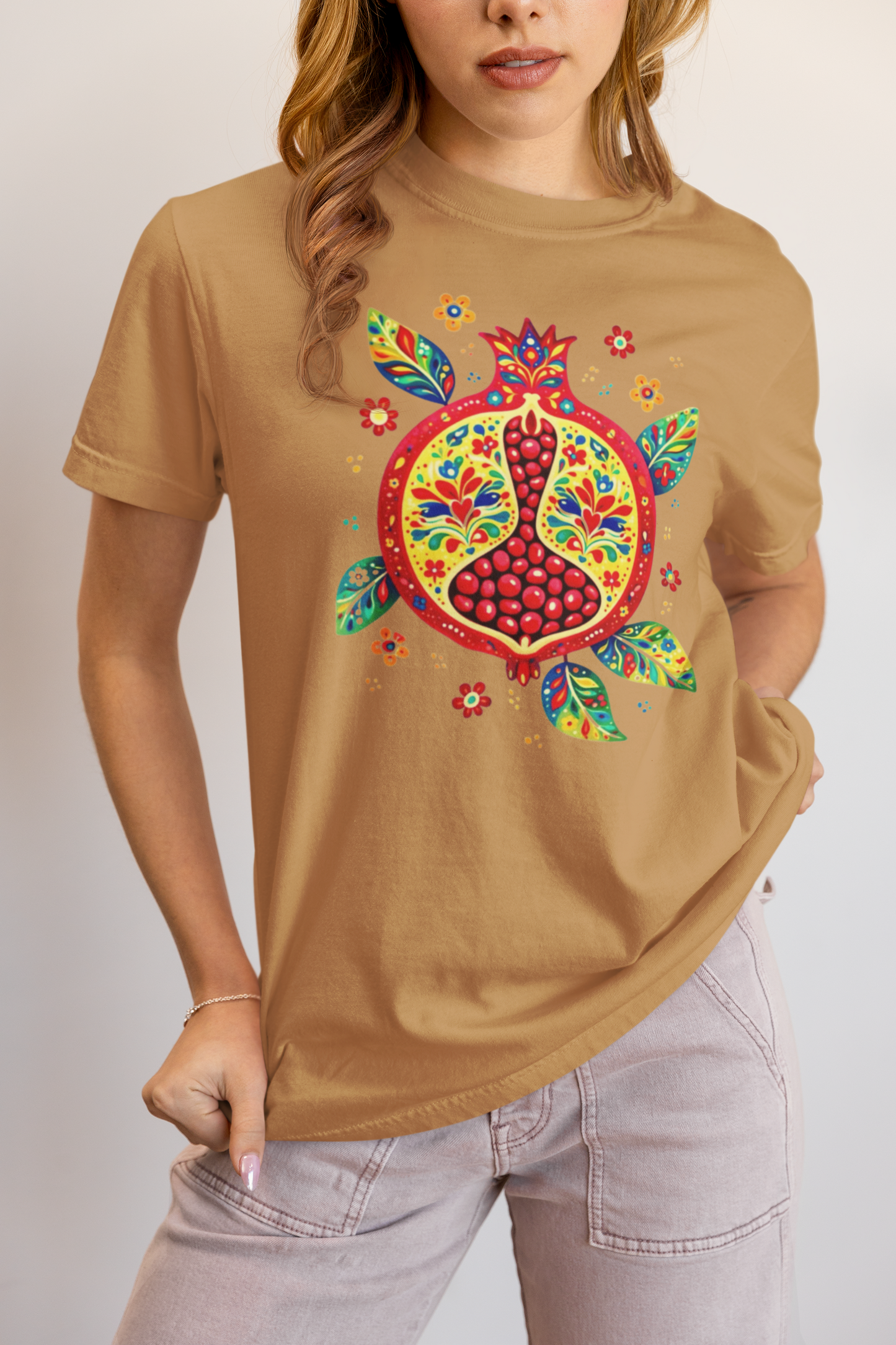 Elyx "Vibrant Pomegranate" Folk Art Graphic Tee - Premium Soft Cotton T-Shirt for Women
