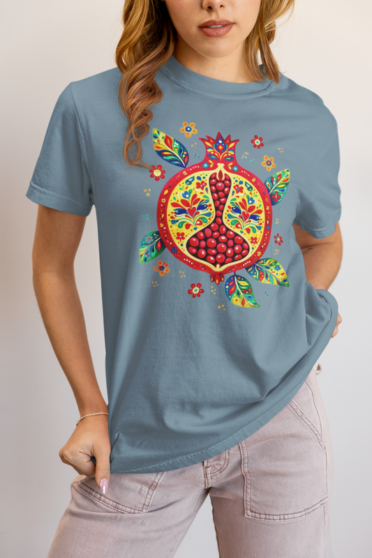 Elyx "Vibrant Pomegranate" Folk Art Graphic Tee - Premium Soft Cotton T-Shirt for Women