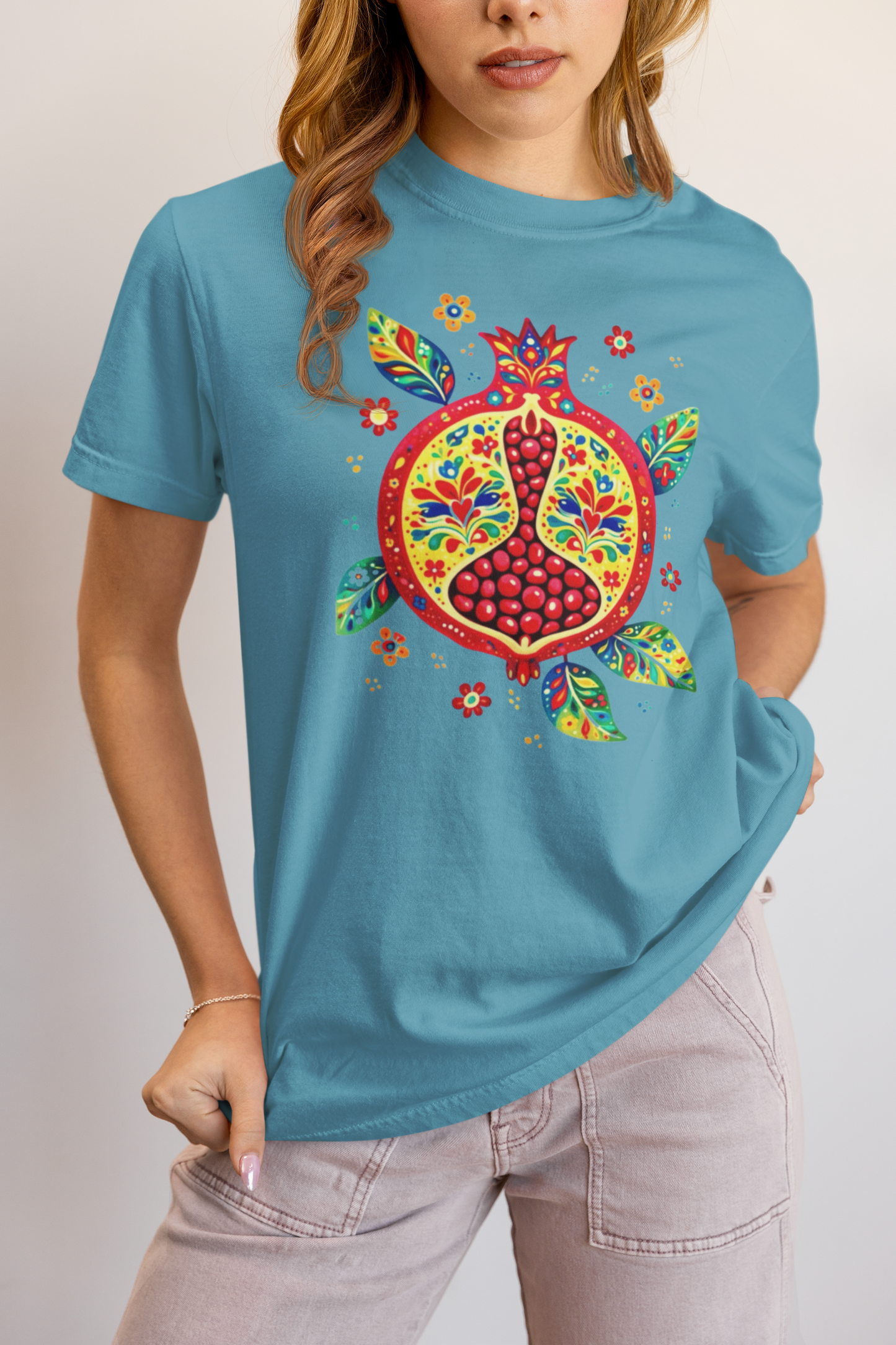 Elyx "Vibrant Pomegranate" Folk Art Graphic Tee - Premium Soft Cotton T-Shirt for Women