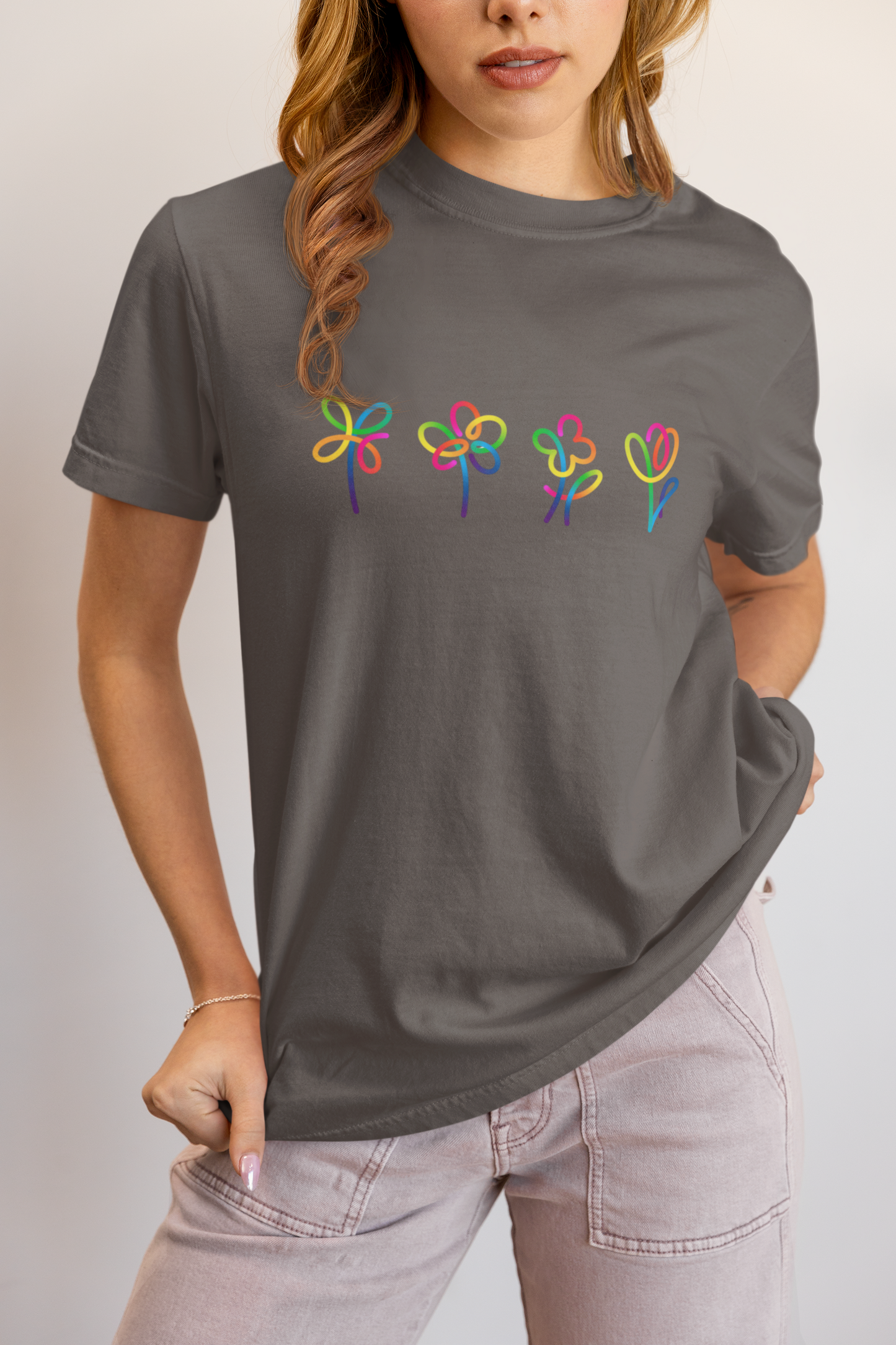 Elyx Artistic Rainbow Doodles Floral Tee - Positive Energy Woman Graphic T-Shirt
