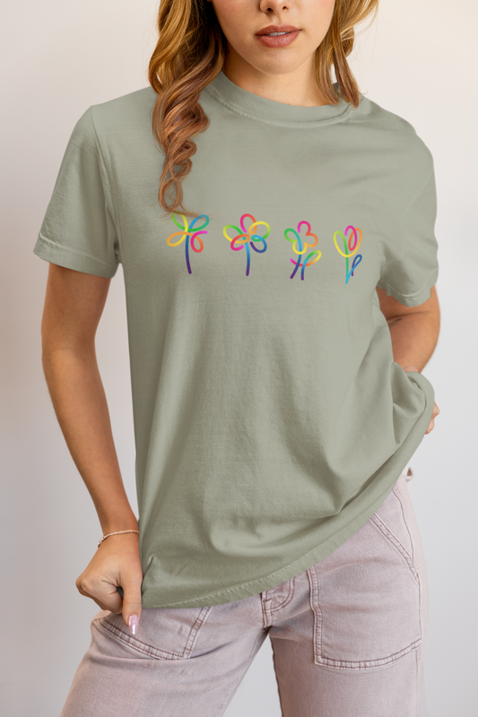 Elyx Artistic Rainbow Doodles Floral Tee - Positive Energy Woman Graphic T-Shirt