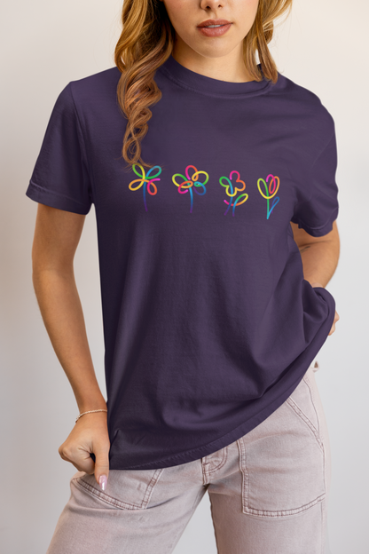 Elyx Artistic Rainbow Doodles Floral Tee - Positive Energy Woman Graphic T-Shirt