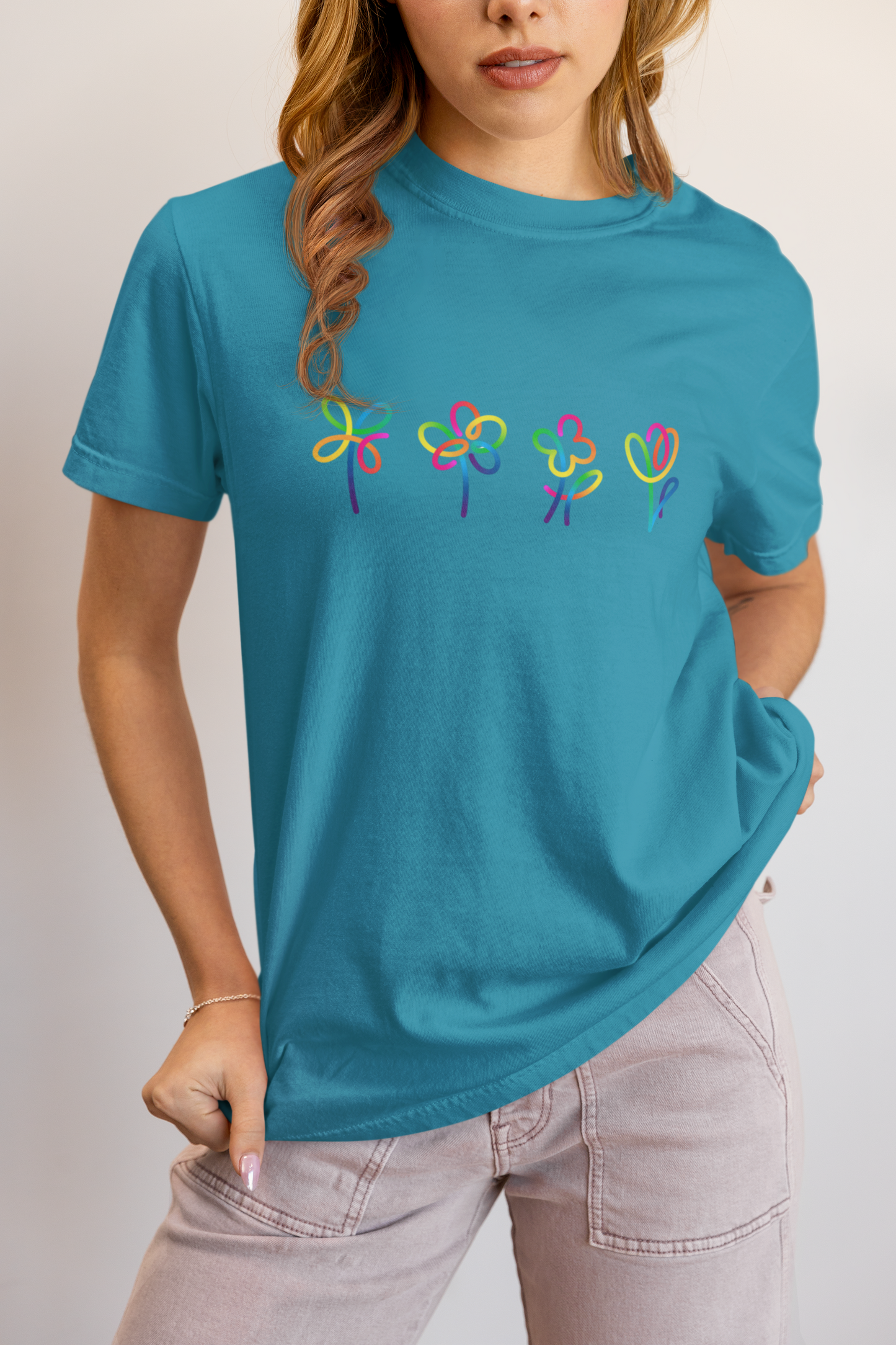 Elyx Artistic Rainbow Doodles Floral Tee - Positive Energy Woman Graphic T-Shirt