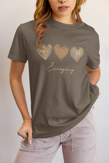 Leopard Heart Graphic Tee - Enjoy Life Everyday Aesthetic Boho T-Shirt - Cozy  Top