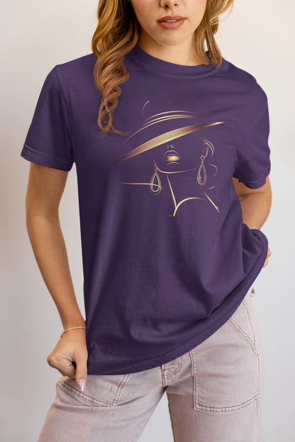 Minimalist Gold Line Art Elegant Woman T-Shirt - Mysterious Lady in Hat Graphic Tee