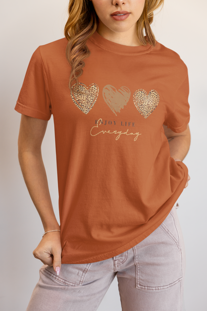 Leopard Heart Graphic Tee - Enjoy Life Everyday Aesthetic Boho T-Shirt - Cozy  Top