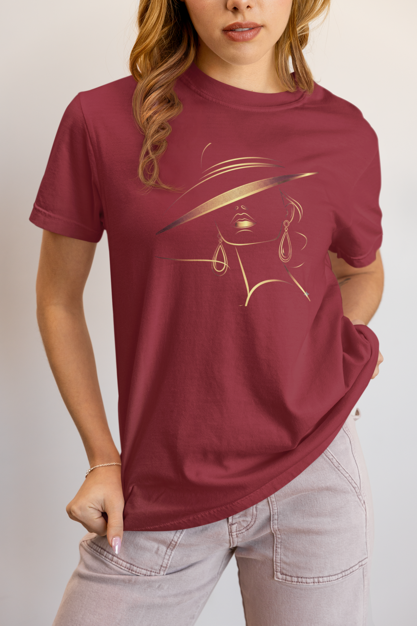 Minimalist Gold Line Art Elegant Woman T-Shirt - Mysterious Lady in Hat Graphic Tee
