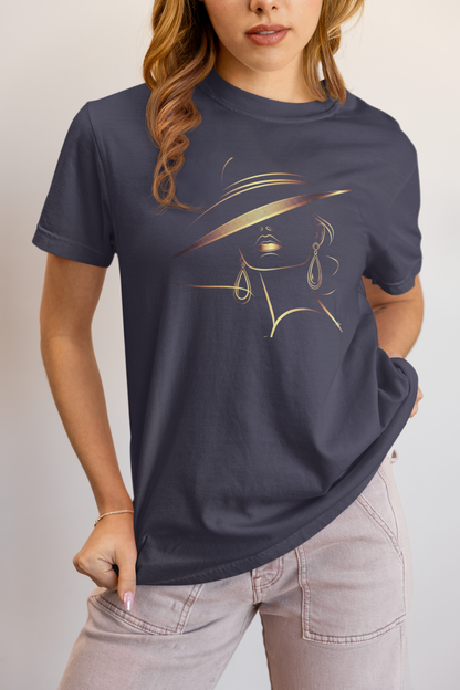 Minimalist Gold Line Art Elegant Woman T-Shirt - Mysterious Lady in Hat Graphic Tee