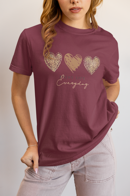 Leopard Heart Graphic Tee - Enjoy Life Everyday Aesthetic Boho T-Shirt - Cozy  Top