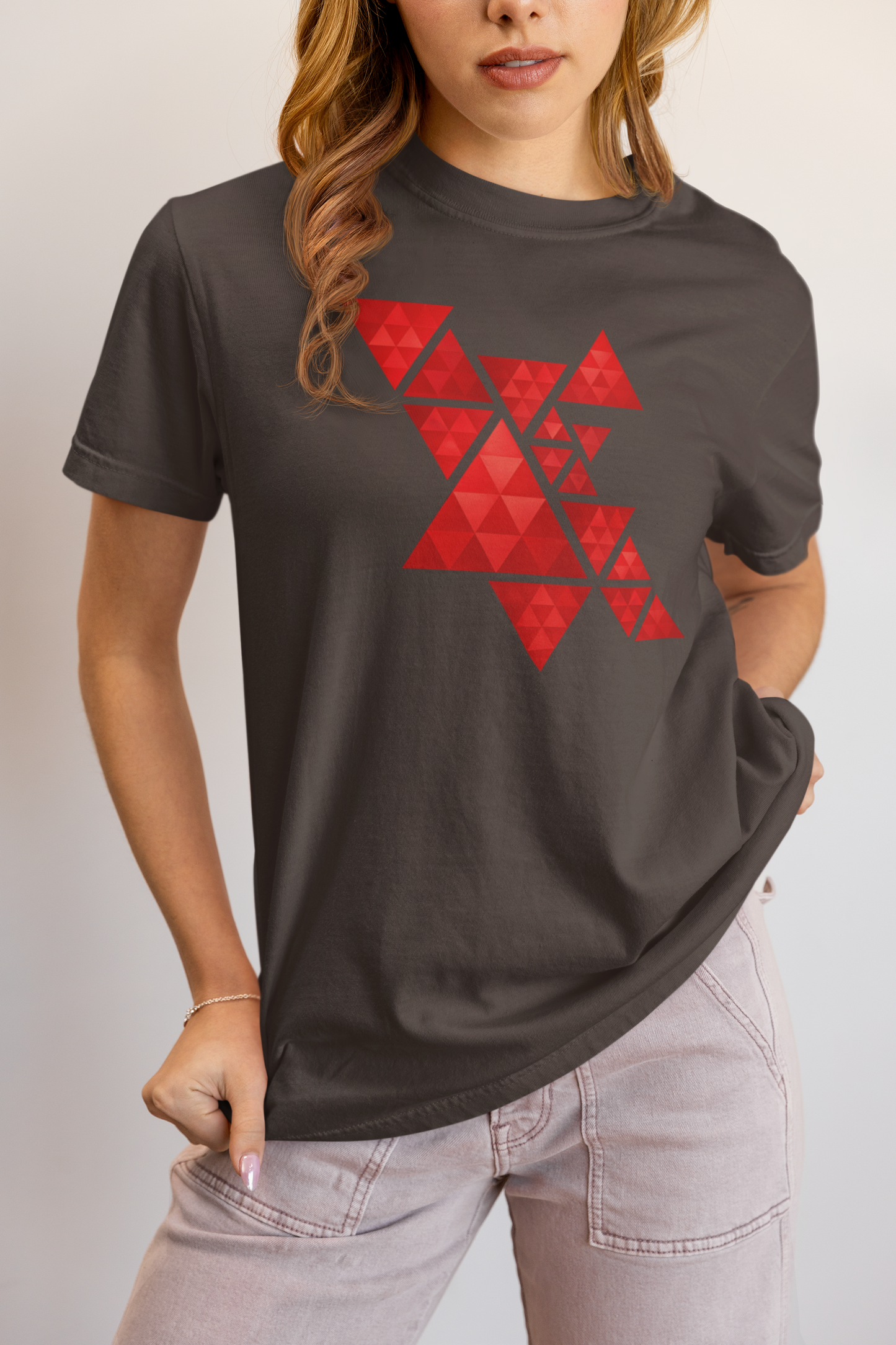 Geometric Red Triangles Graphic Tee - Abstract Mosaic Art T-Shirt