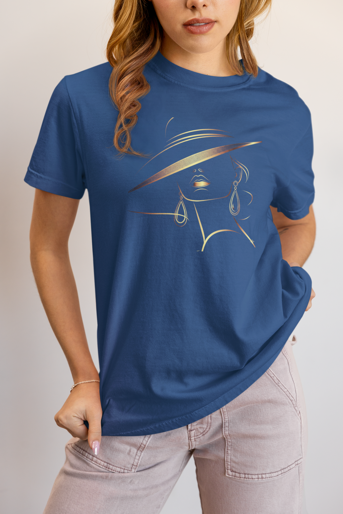 Minimalist Gold Line Art Elegant Woman T-Shirt - Mysterious Lady in Hat Graphic Tee
