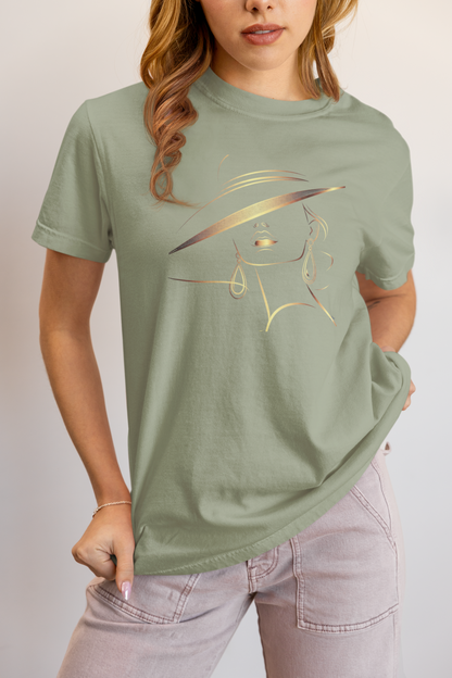 Minimalist Gold Line Art Elegant Woman T-Shirt - Mysterious Lady in Hat Graphic Tee