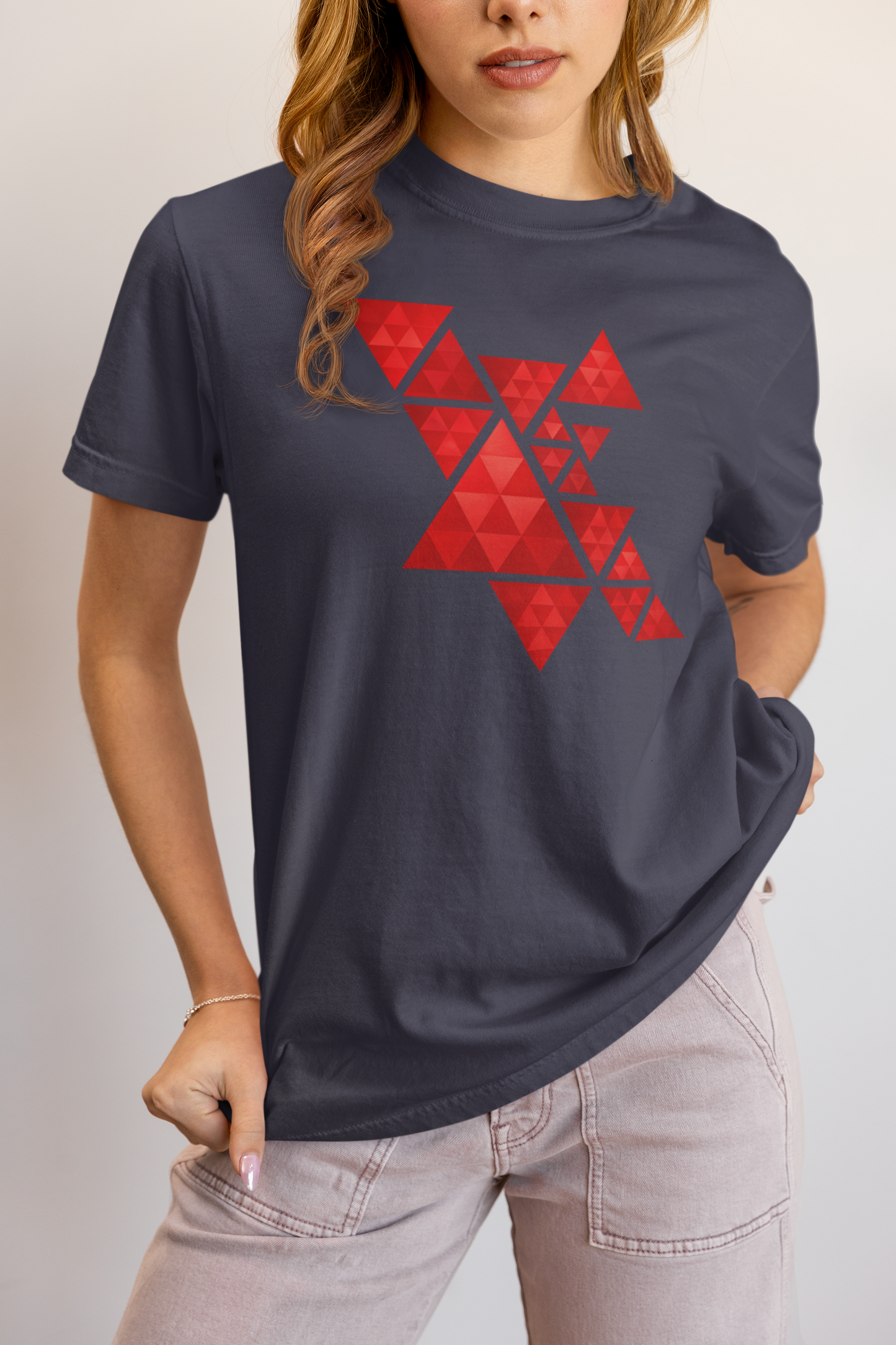 Geometric Red Triangles Graphic Tee - Abstract Mosaic Art T-Shirt