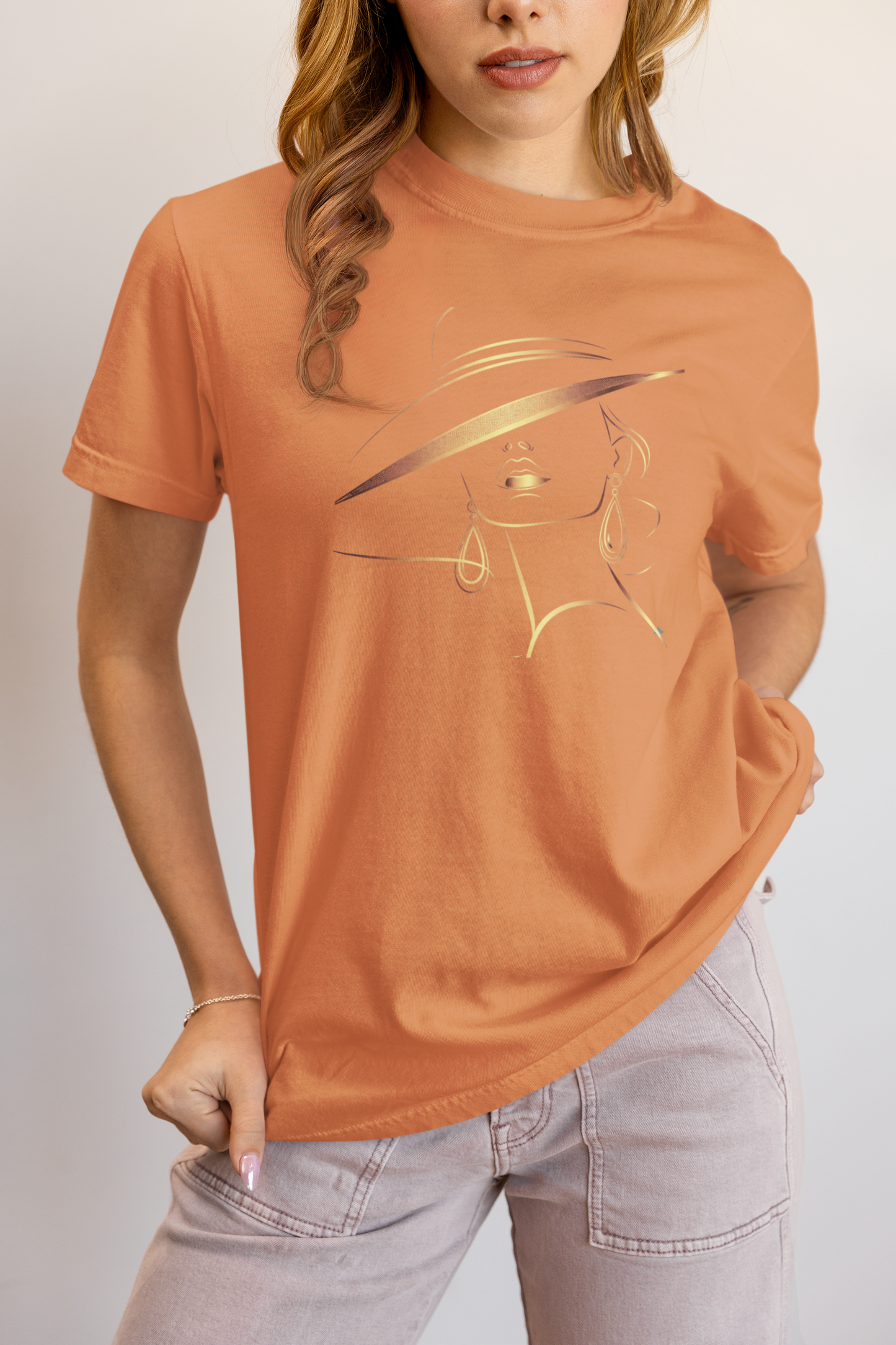 Minimalist Gold Line Art Elegant Woman T-Shirt - Mysterious Lady in Hat Graphic Tee
