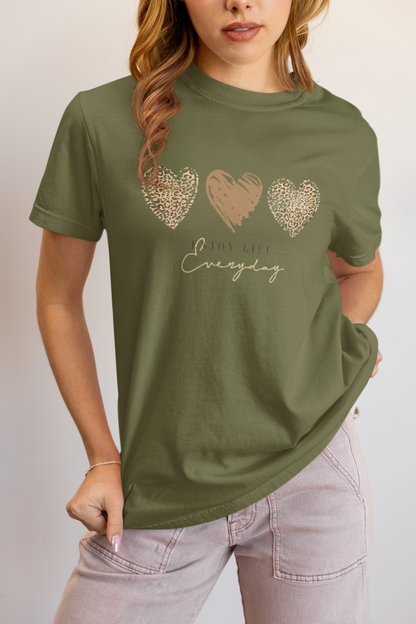 Leopard Heart Graphic Tee - Enjoy Life Everyday Aesthetic Boho T-Shirt - Cozy  Top