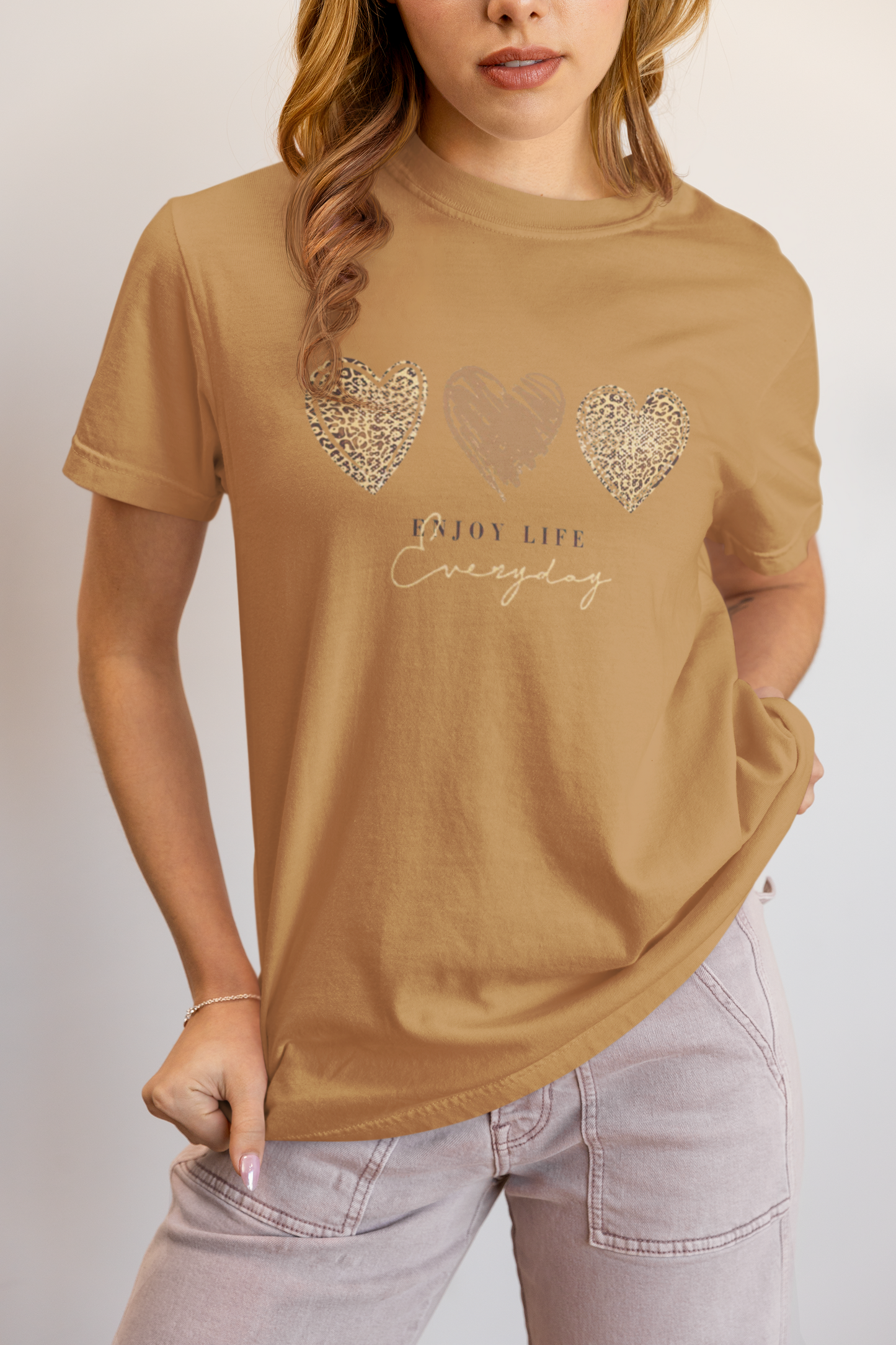 Leopard Heart Graphic Tee - Enjoy Life Everyday Aesthetic Boho T-Shirt - Cozy  Top