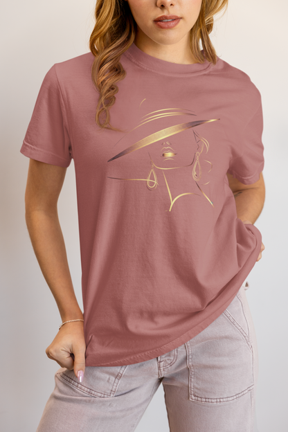 Minimalist Gold Line Art Elegant Woman T-Shirt - Mysterious Lady in Hat Graphic Tee