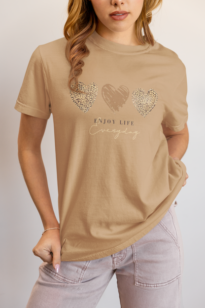 Leopard Heart Graphic Tee - Enjoy Life Everyday Aesthetic Boho T-Shirt - Cozy  Top