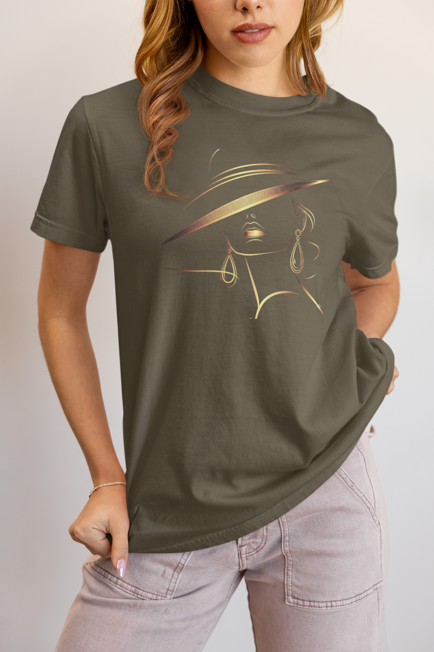 Minimalist Gold Line Art Elegant Woman T-Shirt - Mysterious Lady in Hat Graphic Tee